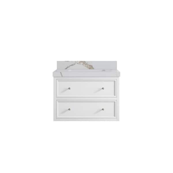Willow Collections Roswell Floating 30 in. Single Sink Freestanding White Bath Vanity with Calacatta Gold Qt. Top Unassembled