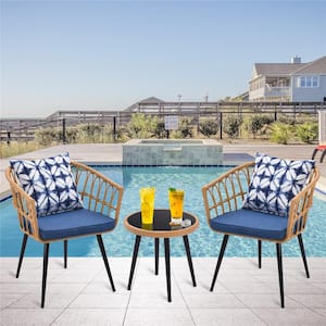 Blue 3 Piece Wicker Round Coffee Table Outdoor Bistro Set with Blue Cushion