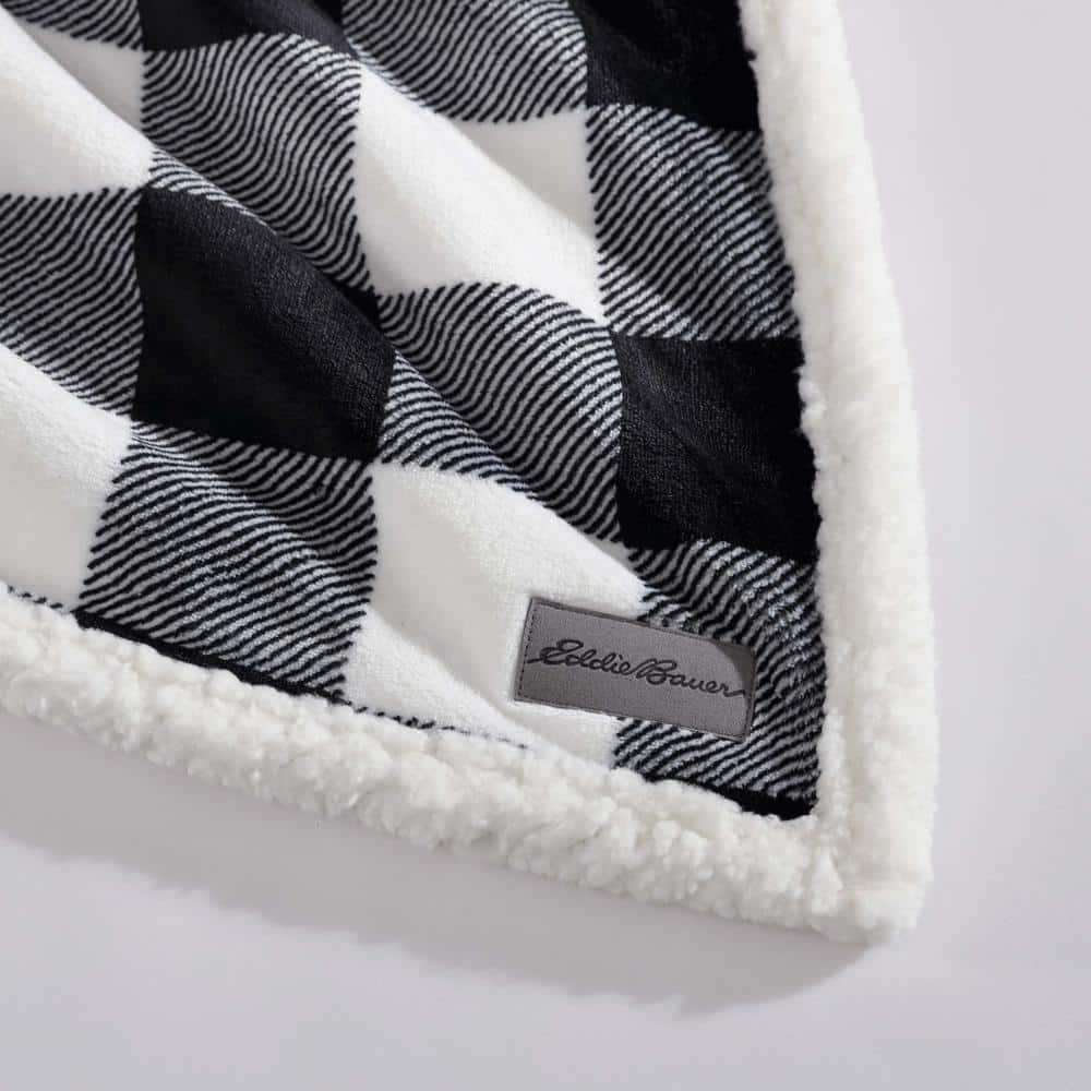 Reversible Sherpa Fleece Cotton Throw Blanket, Black/White