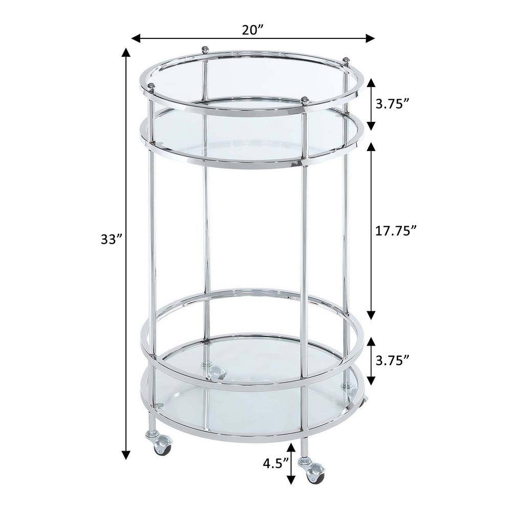 Royal Crest 20" Round Silver Chrome Bar Cart with Glass Shelves
