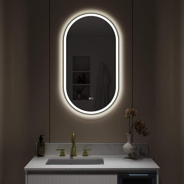 20 in. W x 36 in. H Oval Framed Wall Mount LED Bathroom Vanity Mirror with Dimmer, Defogger in Brushed Gold, ETL-Listed