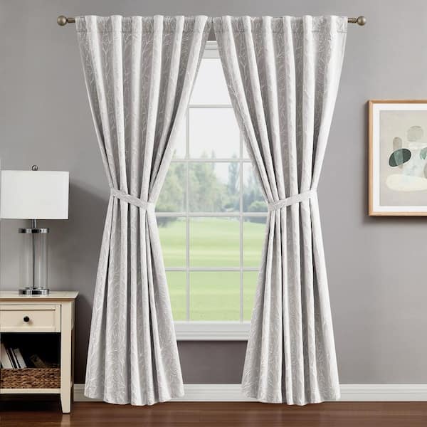CREATIVE HOME IDEAS Collins Warm Grey Branch Pattern Polyester 50 in. W x 96 in. L Back Tab Blackout Curtain (2-Panels with 2-Tiebacks)