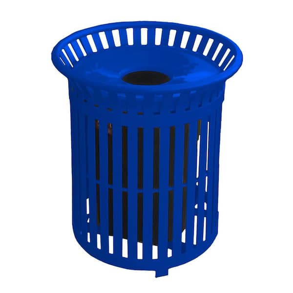 34 Gal. Blue Steel Outdoor Trash Can with Steel Lid and Plastic Liner