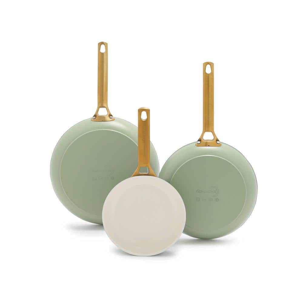 Sage Green Aluminum Ceramic Nonstick Fry Pan Set with Gold Handles