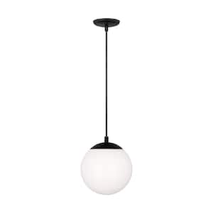 Leo 8 in. Small 1-Light Matte Black Hanging Globe Pendant Light with Smooth White Glass Shade