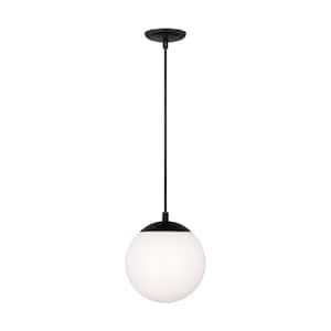 Leo Hanging Globe 8 in. 1-Light Midnight Black Pendant Light with Smooth White Glass Shade