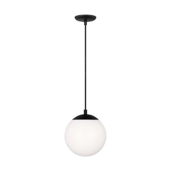 Generation Lighting Leo Hanging Globe 8 in. 1-Light Midnight Black Pendant Light with Smooth White Glass Shade