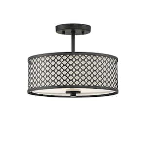 Meridian 13 in. W x 10 in. H 2-Light Matte Black Semi-Flush Mount with White Fabric Shade and Geometric Metal Frame