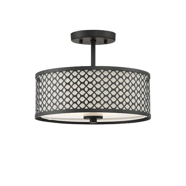 TUXEDO PARK LIGHTING 13 in. W x 10 in. H 2-Light Matte Black Semi-Flush Mount with White Fabric Shade and Geometric Metal Frame