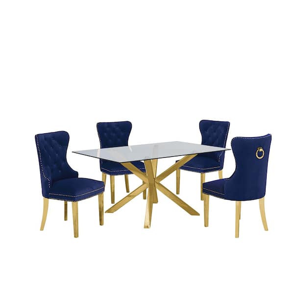 Best Quality Furniture Tom 5-Piece Rectangle Glass Top with Gold Stainless Steel Table Set 4-Navy Blue Velvet Chair W/Nail Head Trim, Back Ring
