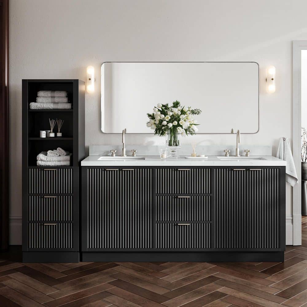 Milan 72 in. Double Sink Bath Vanity with Carrara White Quartz Top and Linen Cabinet in Black price history on PriceWatchPro