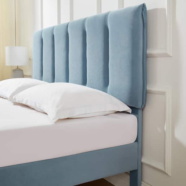 Upholstered Bed Frame Blue Metal Frame Queen Platform Bed with Adjustable Headboard Wood Slat No Box Spring Needed