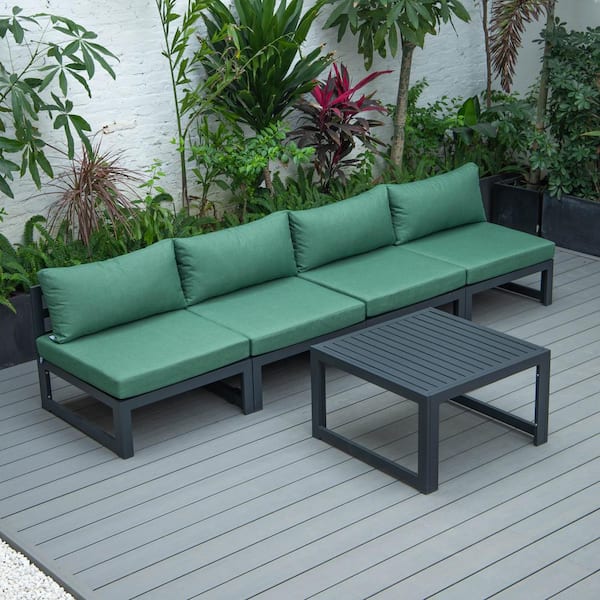 Leisuremod Chelsea Black 5-Piece Aluminum Patio Conversation Set with Green Cushions