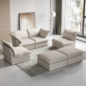 122.5 in. W Flared Arm Linen 5-Seater Velvet Modular Free Combination Sofa with Storage Ottoman in Beige