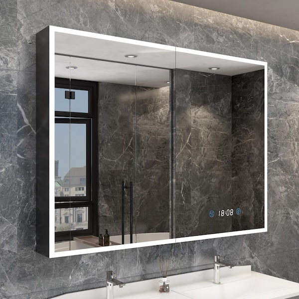 48 in. W x 36 in. H Black Rectangular Aluminum Flowing LED Light Surface Mount Medicine Cabinet with Mirror