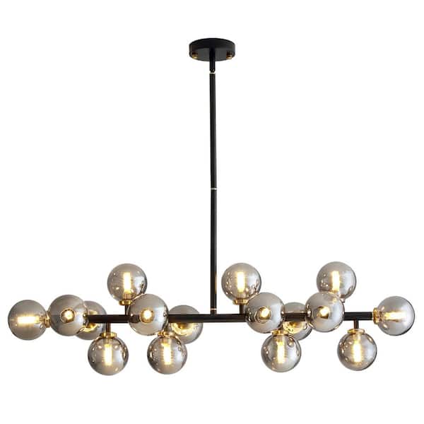 Pacific Core Mid-Century 16-Light Black Finish with Smoke Gray Glass Globe Sputnik Chandelier Pendant Light (No Bulbs Included)
