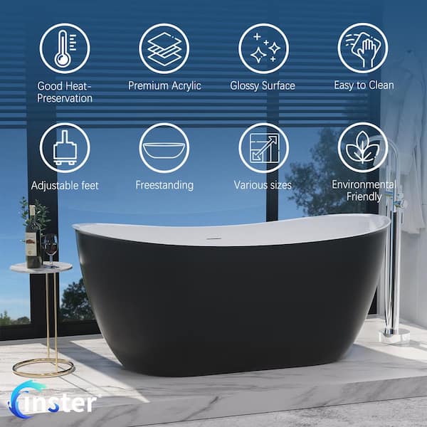 MUTE 59 in. Acrylic Flatbottom Freestanding Elegant Non-Whirlpool Double Slipper Soaking Bathtub in Black