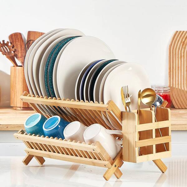Lynzavix Natural Bamboo Collapsible 2-Tier Wooden Dish Rack with