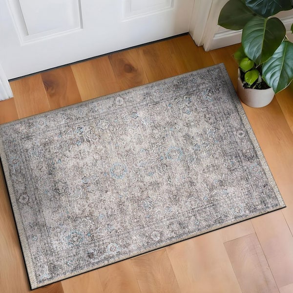 Transitional Distressed Vintage Machine Washable Olive 2 ft. x 3 ft. Area Rug