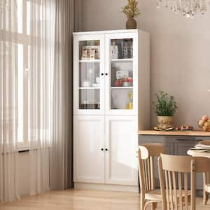 White Wood 31.5 in. W Buffet Cupboard Kitchen Storage Cabinet For Dinning Room, Bar With Tempered Glass Doors, Anti-tip