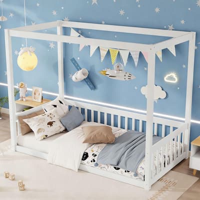 White Wood Frame Twin Size Platform Bed with Fence and Canopy Frame