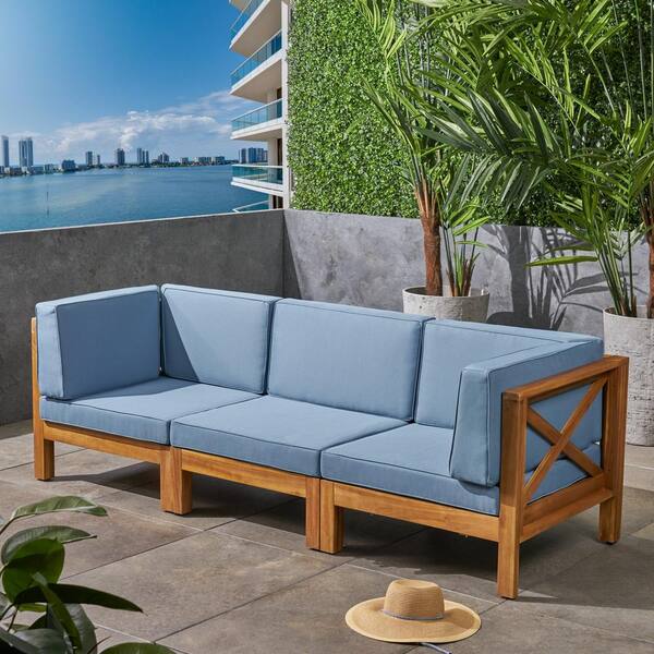 Wood Outdoor Couch With Blue Cushions, Brown Sofa With Blue Cushions