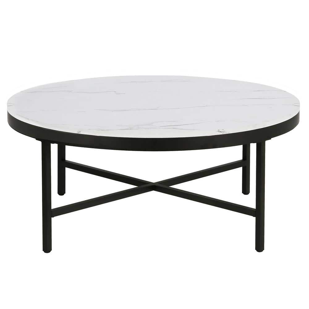 Elegant 36" Round Faux Marble Coffee Table with Bronze Finish
