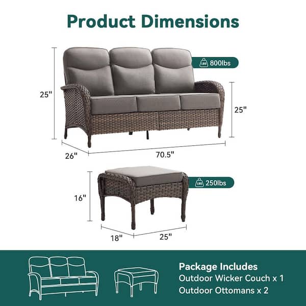 Moonridge 3-Piece Brown PE Wicker Outdoor Couch with 6 in. Olefin Gray Cushions/Patio Sofa for Deck Poolside
