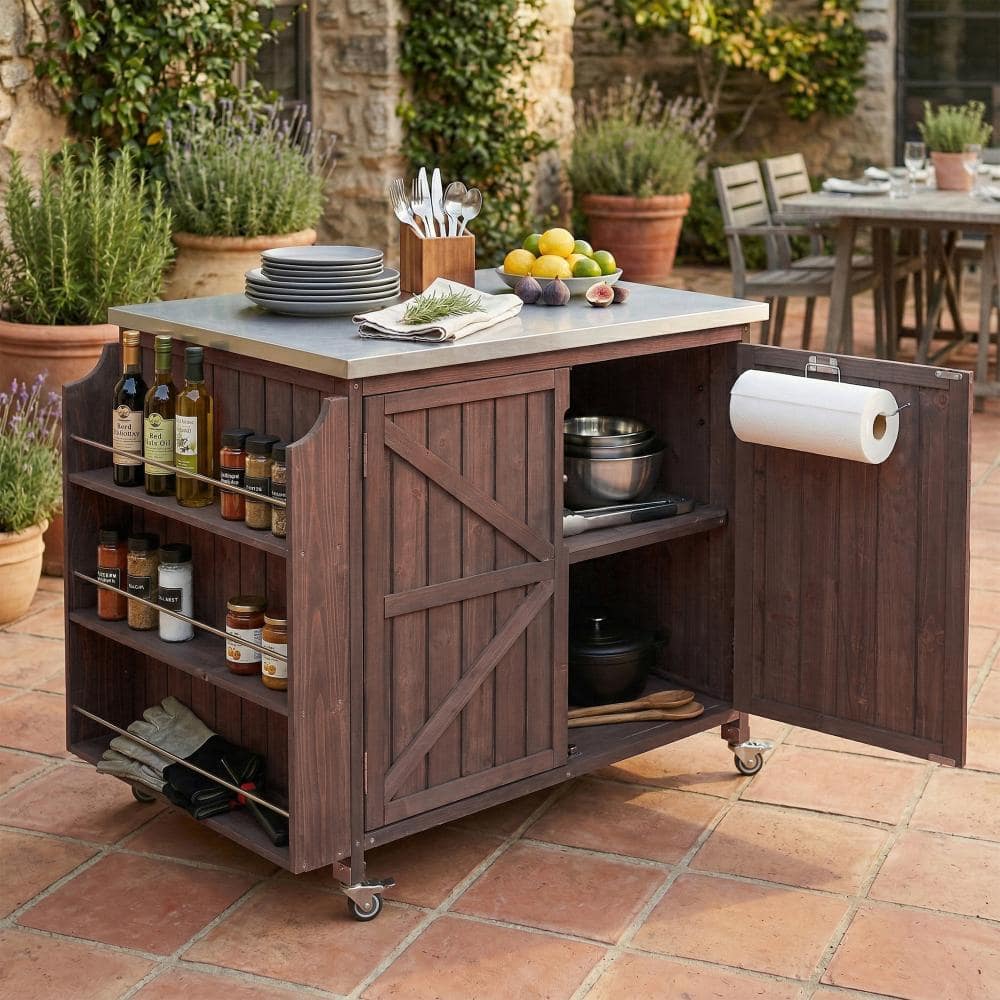 Dark Brown Stainless Steel Top 42.1 in. Rolling Kitchen Island with 4 Wheels, Side Shelf, Hooks price history on PriceWatchPro