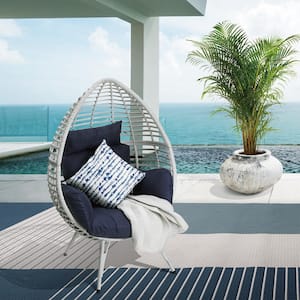 Wicker Egg Steel Outdoor Patio Lounge Chair with Blue Cushions