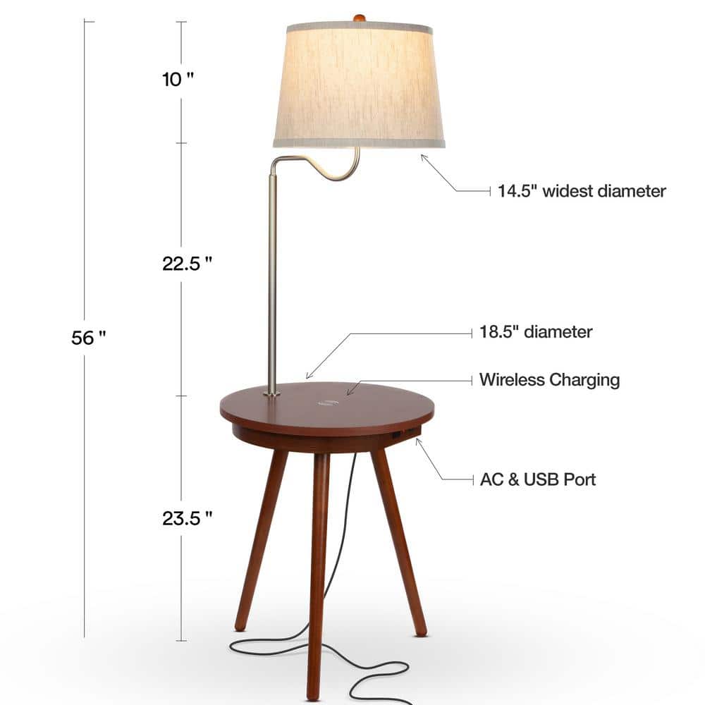 Owen Adjustable Tripod Floor Lamp with Built-In Table and USB Ports, Natural Wood & White