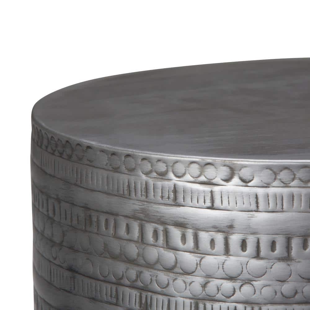 Antique Silver Textured 15'' Round Metal Accent Side Table