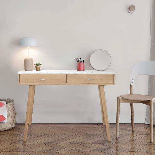 AndMakers Viola 44 in. Rectangular Carrara White Wood 2-Drawer Writing Desk with Oak Legs and Marble Top