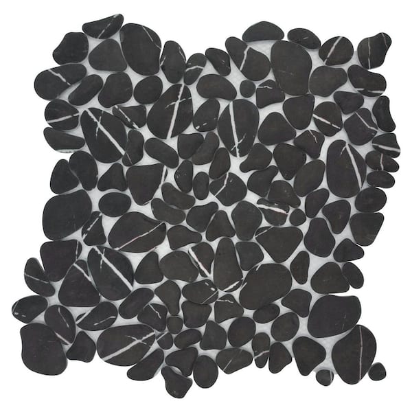 Black Marquina Pebble 10 in. x 10 in. Recycled Glass Marble Looks Floor and Wall Mosaic Tile (7.85 sq. ft./Case)