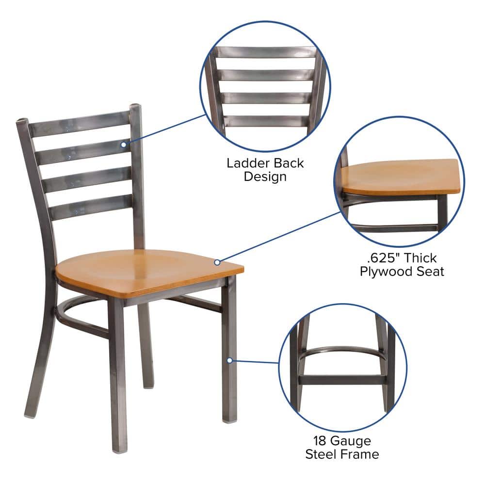 Hercules Clear Coated Ladder Back Metal Chair with Natural Wood Seat