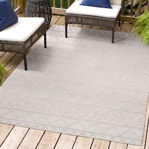 Aylan High-Low Pile Knotted Trellis Geometric Beige 4 ft. x 6 ft. Indoor/Outdoor Area Rug