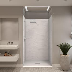 48 in. L x 34 in. W x 84 in. H Solid Composite Stone Shower Kit with Sierra Light Walls & Cntr White Sand Shower Pan