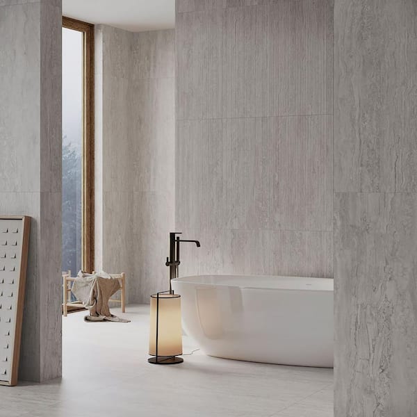 Spanish Marmol Travertine Look Porcelain 12in.x 24in.x 9mm Floor and Wall Tile Case-Silver (5-Pieces,10.76 sq. ft./Case)