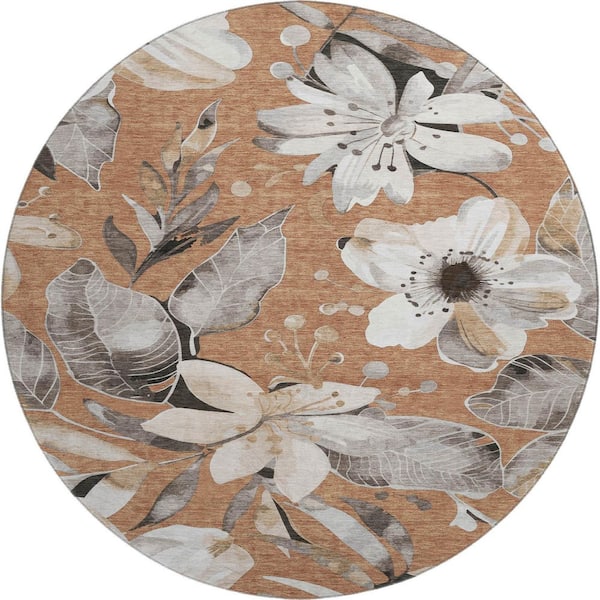 Mayfield Premium Machine Washable Abstract AMF2260 Copper 8 ft. x 8 ft. Round Rug
