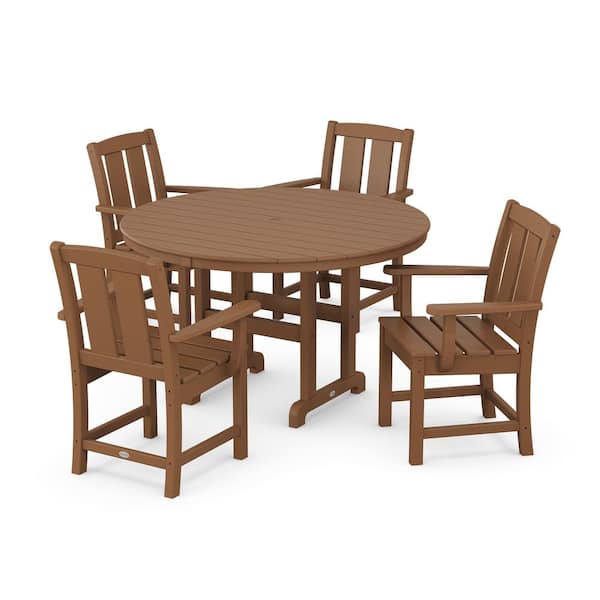 POLYWOOD Mission 5-Piece Farmhouse Plastic Round Outdoor Dining Set in Teak