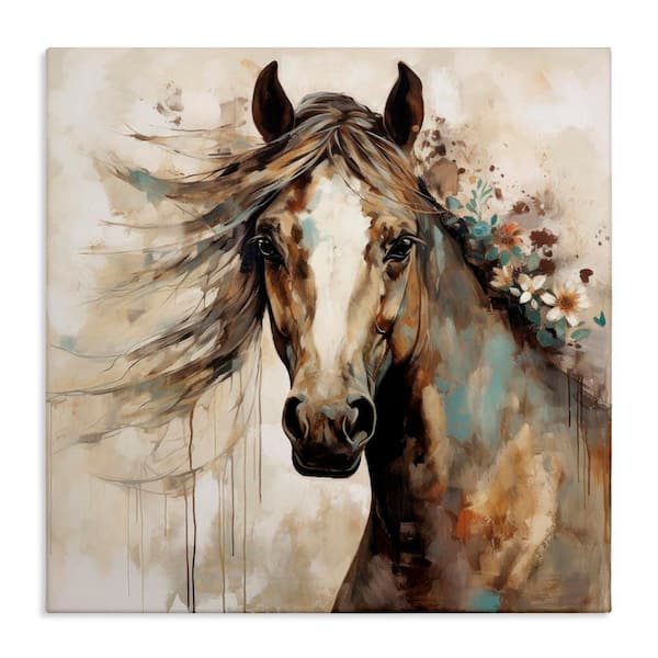 Brown Horse with Florals by Lazar Studio Unframed Graphic Art Print Animal 36 in. x 36 in.