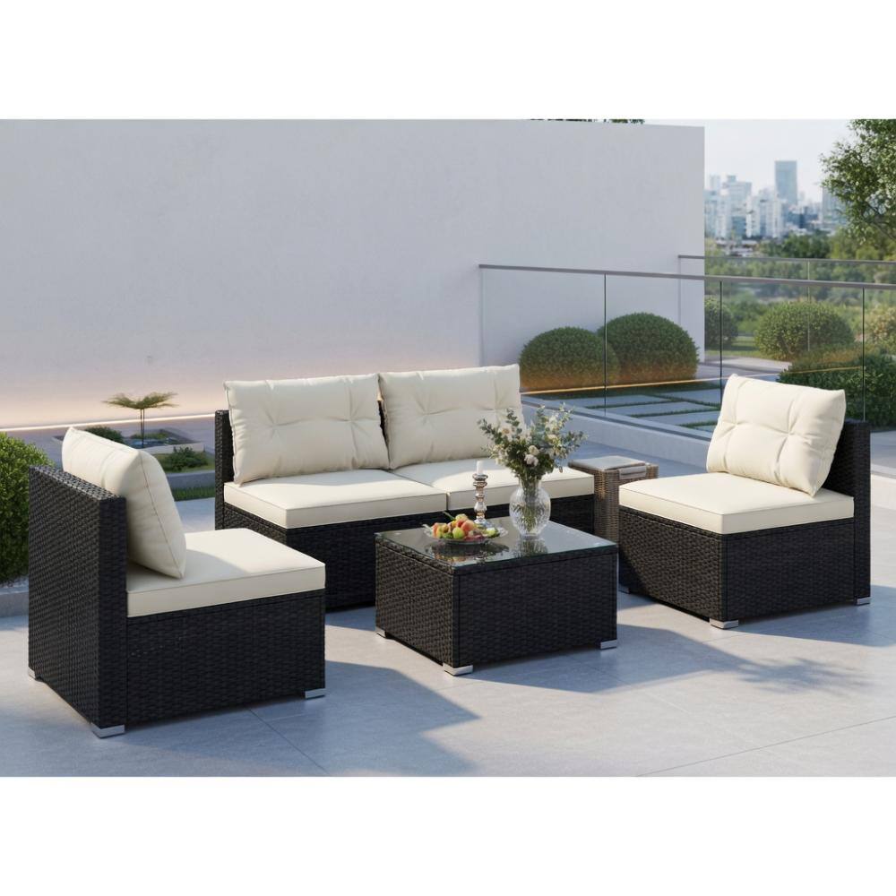 5-Piece Black PE Rattan Patio Set, Chairs with Off-White Cushions & Tempered Glass Coffee Table price history on PriceWatchPro