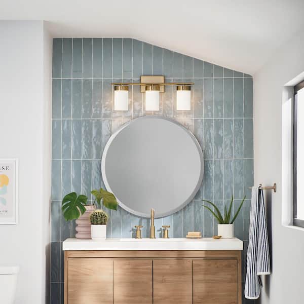 Ciona 24 in. 3-Light Brushed Natural Brass Traditional Bathroom Vanity Light with Round Ribbed Glass