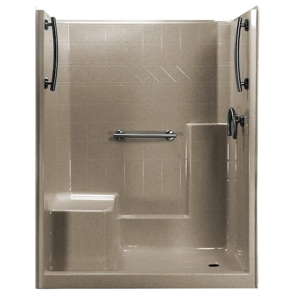Ella 60 in. x 33 in. x 77 in. 1-Piece Low Threshold Shower Stall in Cotton Seed, Grab Bars, L-Seat, Right Drain