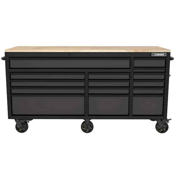 Husky Heavy-Duty 72 in. W 15-Drawer Matte Black Mobile Workbench with Wood top H72MWC15BLK-TL