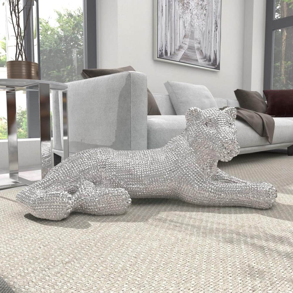 Silver Polystone Glam Leopard Floor Sculpture with Faceted Diamond Texture