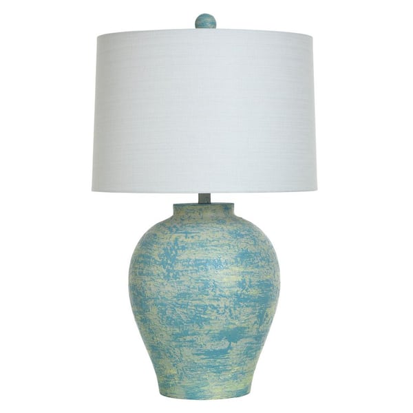 Weathered Blue, Cream, Yellow Table Lamp with White Linen Shade 30.75 in.