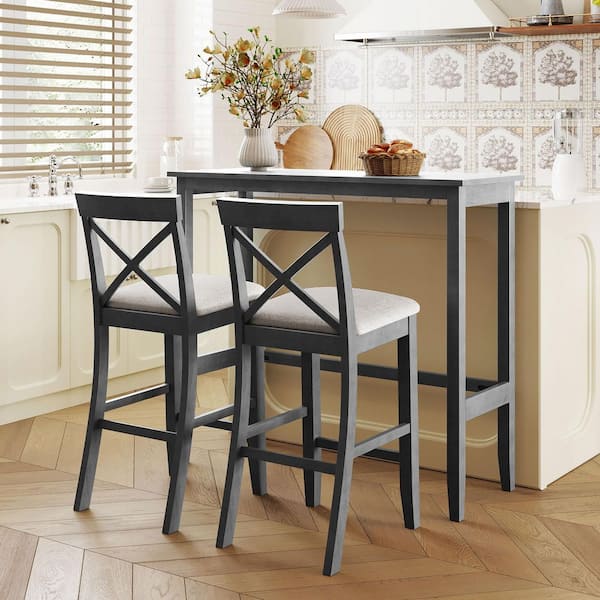 42.3 in. H Gray Rectangle Solid Wood Bar Table Set Seats 2 with 2 Upholstered Chairs for Kitchen Breakfast Nook