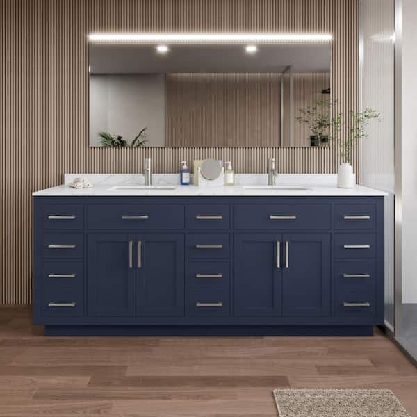 Beckett TK 84 in. W x 22 in. D x 35 in. H Double Bath Vanity in Dark Blue with Brushed Nickel Trim Giotto Quartz Top
