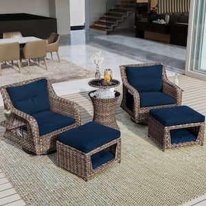 5-Piece Wicker Patio Swivel Outdoor Rocking Chair Set with Navy Blue Cushions and Cool Bar Table